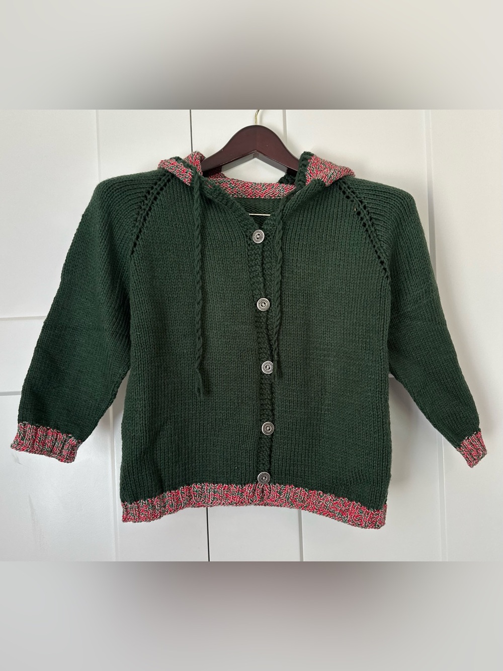 Forest Green Handmade Wool‎ Hooded Button-Up Sweater with Red Trim S